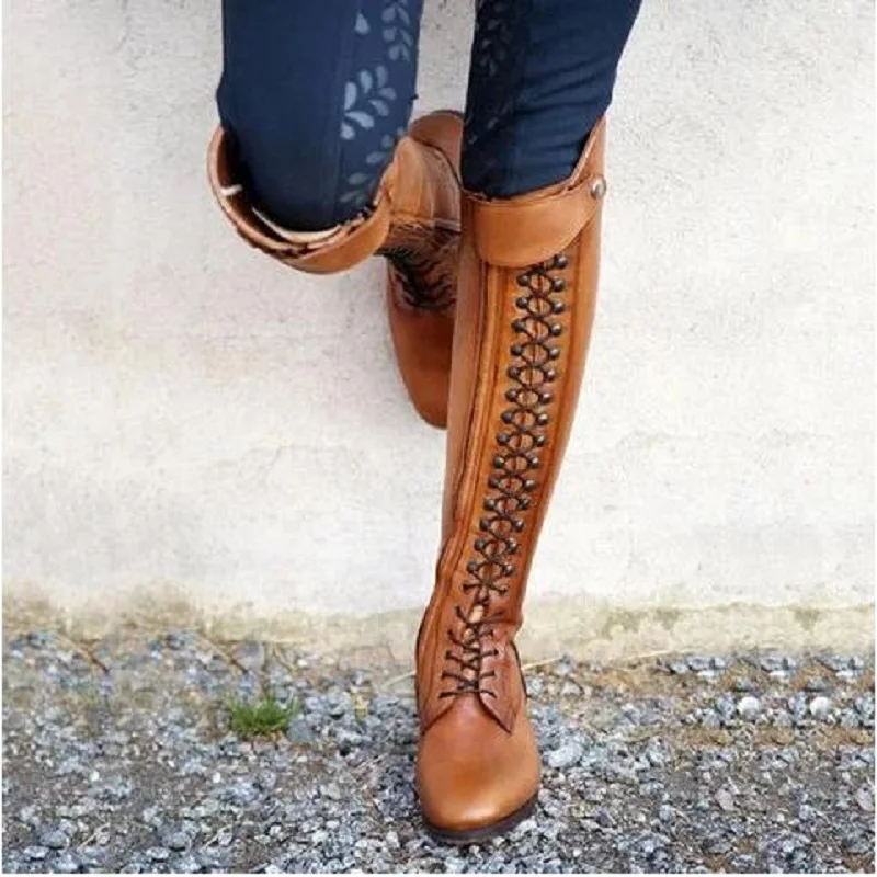 Winter pu leather women knee high boots vintage lace up low heels shoes