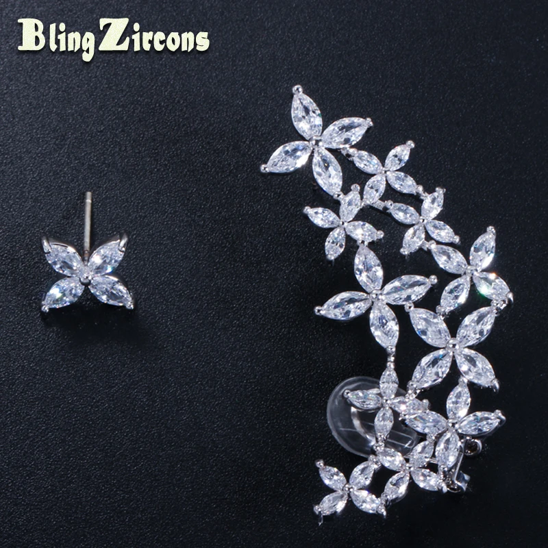 

BeaQueen Famous Brand Korean Design Cubic Zircon Four Leaf Flower Asymmetric Stud Earrings Fashion Jewelry for Women E241