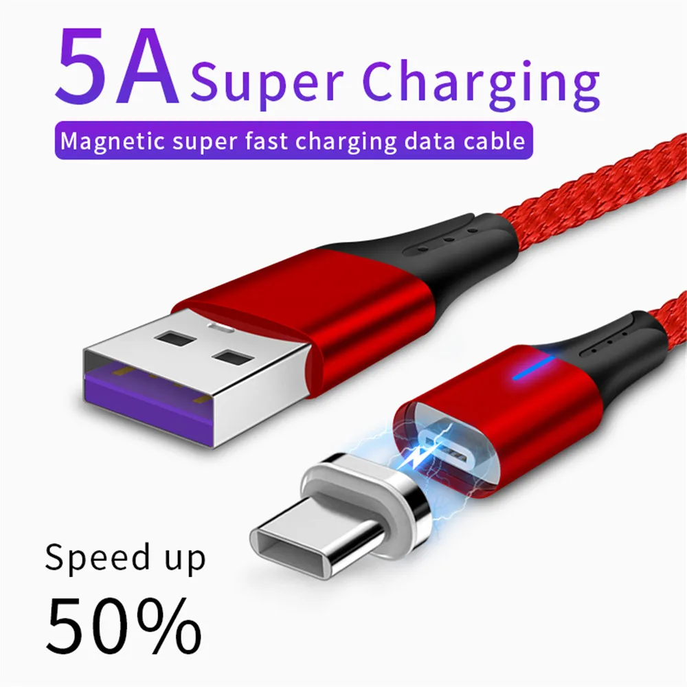

New 5A Magnetic Charging Cable LED Indicator USB Fast Phone Charger For Android Type-C Data Cables Nylon Braided Durable
