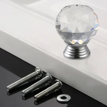 DRELD 1Pcs 30mm Clear Diamond Crystal Glass Pull Handle Cabinet Drawer Door Knob Kitchen Furniture Handle with 222530mm Screws