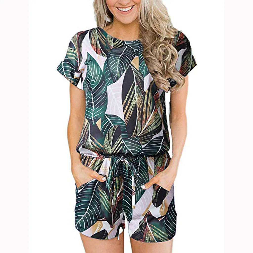 

Summer Fashion Women Round Neck Short Sleeve Rompers Ladies leaf Print Pocket Lace Up Playsuit Casual Loose Short Jumpsuit