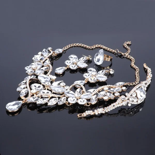Роскошное Кристальное ожерелье с цветком из страз браслет серьги кольцо набор для женщин Свадебные Ювелирные наборы 5 цветов - Окраска металла: White