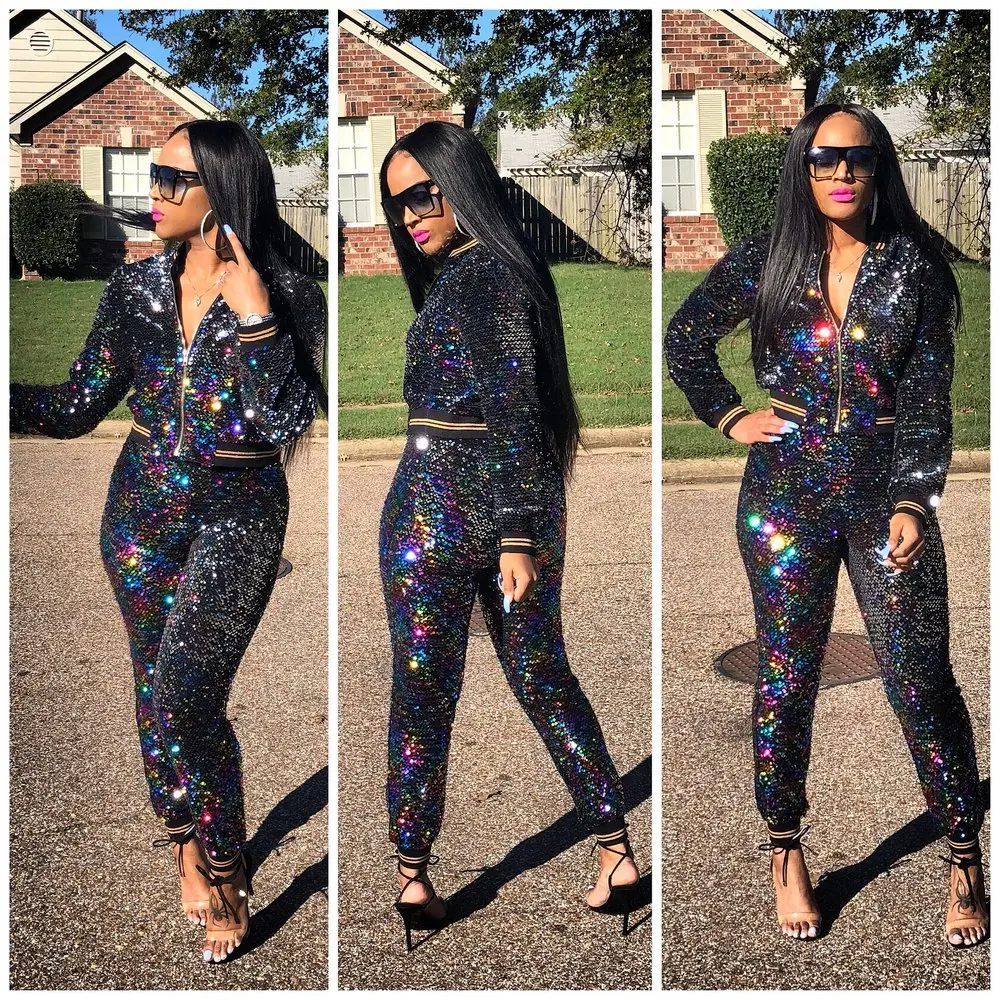 

Spring 2019 new style, fashionable African style, Korean sequin silver gradient casual suit
