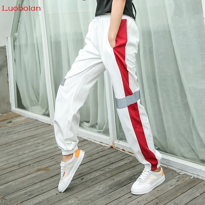 

Luobolan Autumn Reflective Hip Hop Women Sports Pants Fitness Running Loose Pants Gym Workout Trousers With Pocket Sweatpants