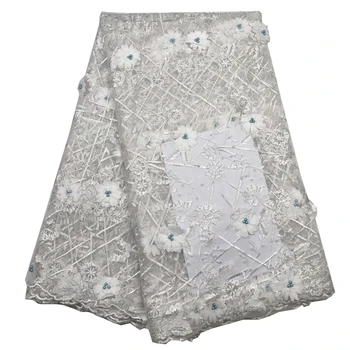 

White beaded appliqued lace fabric high quality Latest african lace 2019 noble Handmade 3D lace fabric for Nigerian party A19B3