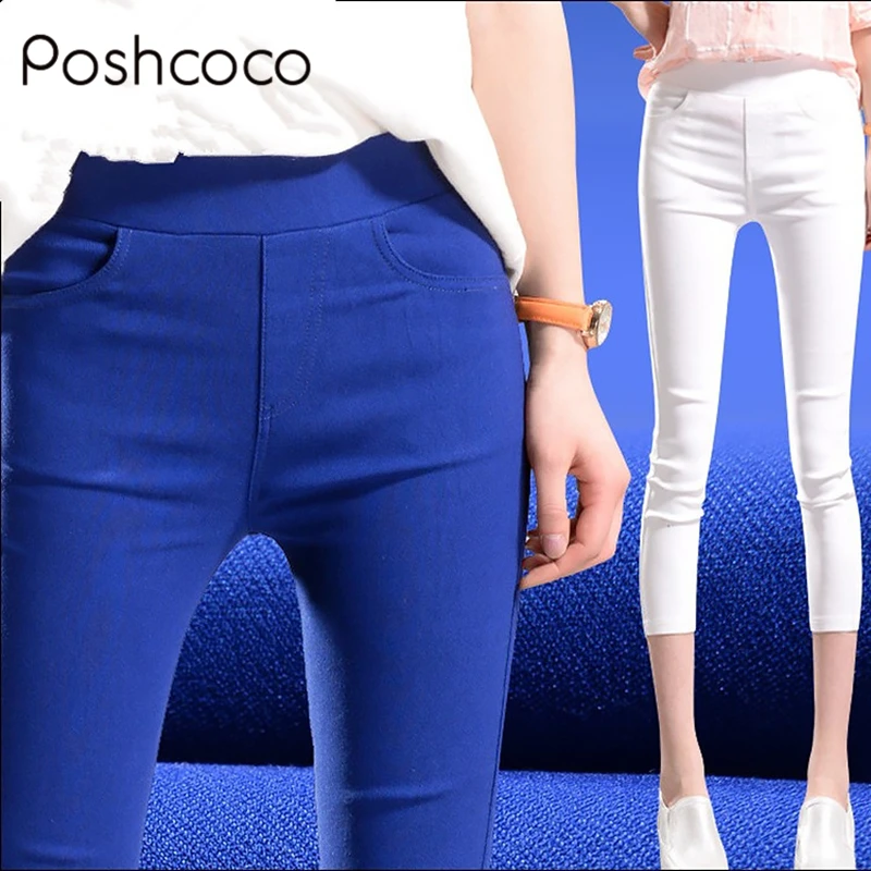 

Poshcoco XXXL Candy Color Elastic Waist Women Pencil Calf-Length Pant 2017 Summer Style Casual Slim Capris Pants Plus Size PN682