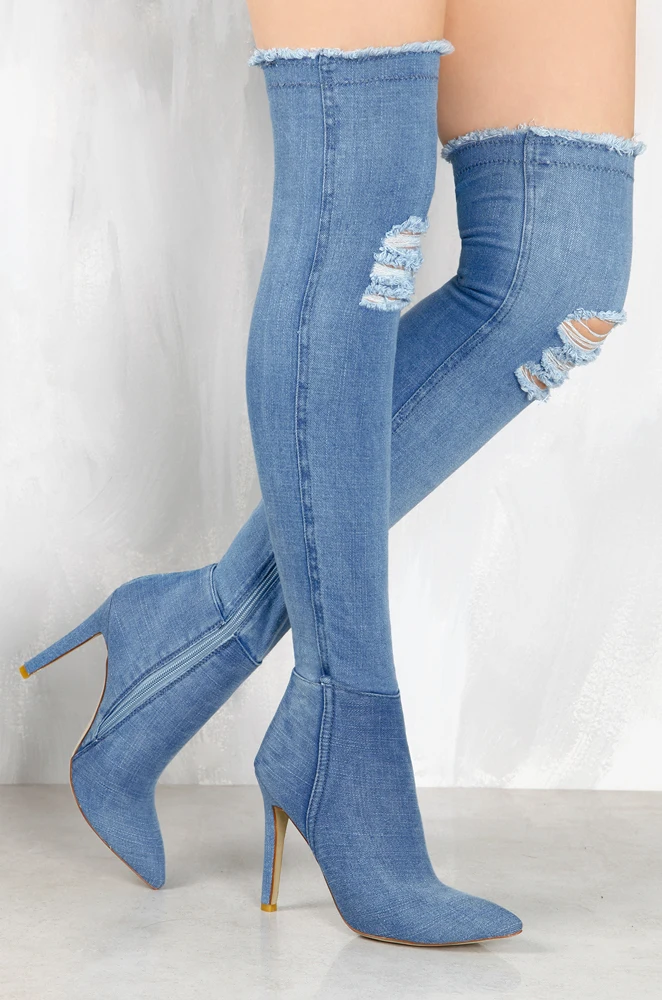 Buy Hot Selling Denim Blue Over the Knee Boots Pointed