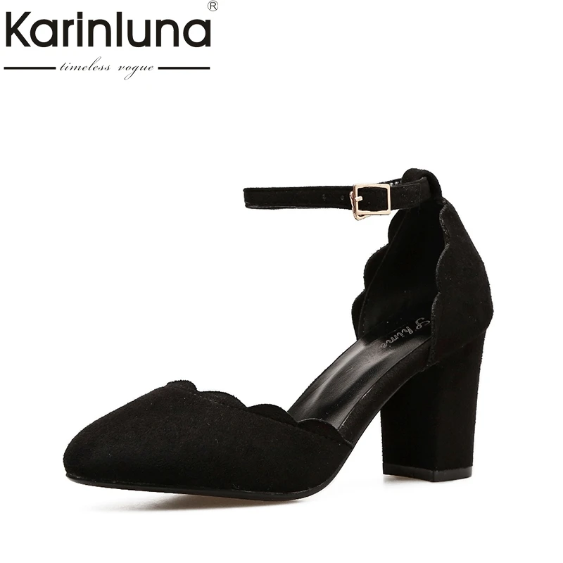 

KarinLuna Flock Fashion Wedding Buckle Strap Pumps Shoes Women Mature Square High Heels Shoes Woman