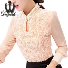 New style Women Chiffon blouse Sexy Flower Beaded lace Tops long sleeved Casual shirt Patchwork Women clothing