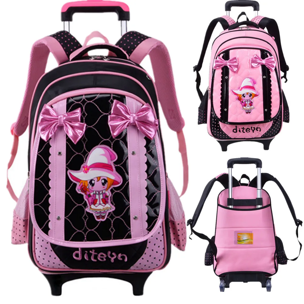 New 2 Wheels Cute Princess Children School bags Primary High Student Removable Trolley Backpack ...