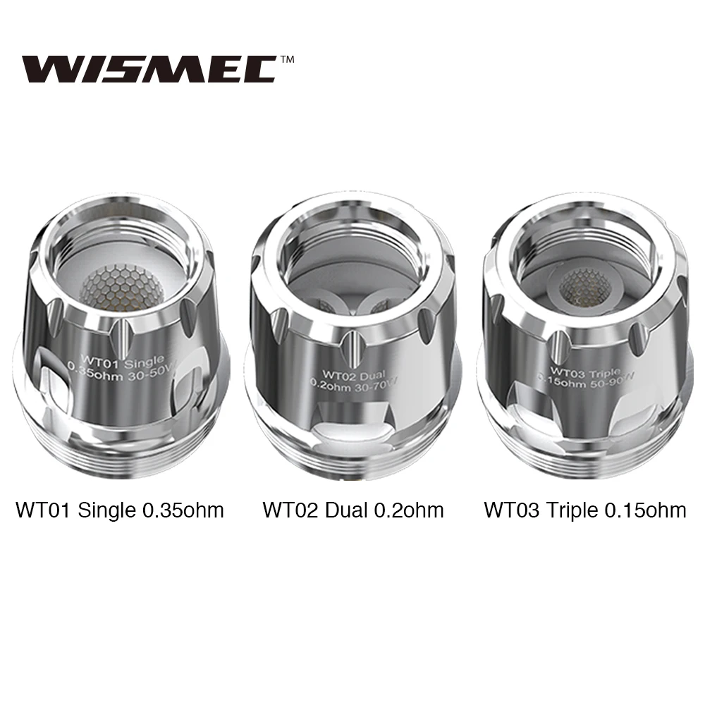 

5pcs Original WISMEC WT Coil Head for Trough Tank WT01 Single 0.35ohm/WT02 Dual 0.2ohm/WT03 Triple 0.15ohm mesh coils Vape head