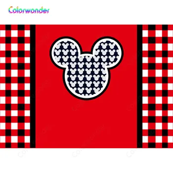 

Colorwonder Vinyl 7x5ft Mickey Photo Background Happy Birthday Baby Shower Red Plaid Newborn for Studio Photography Background