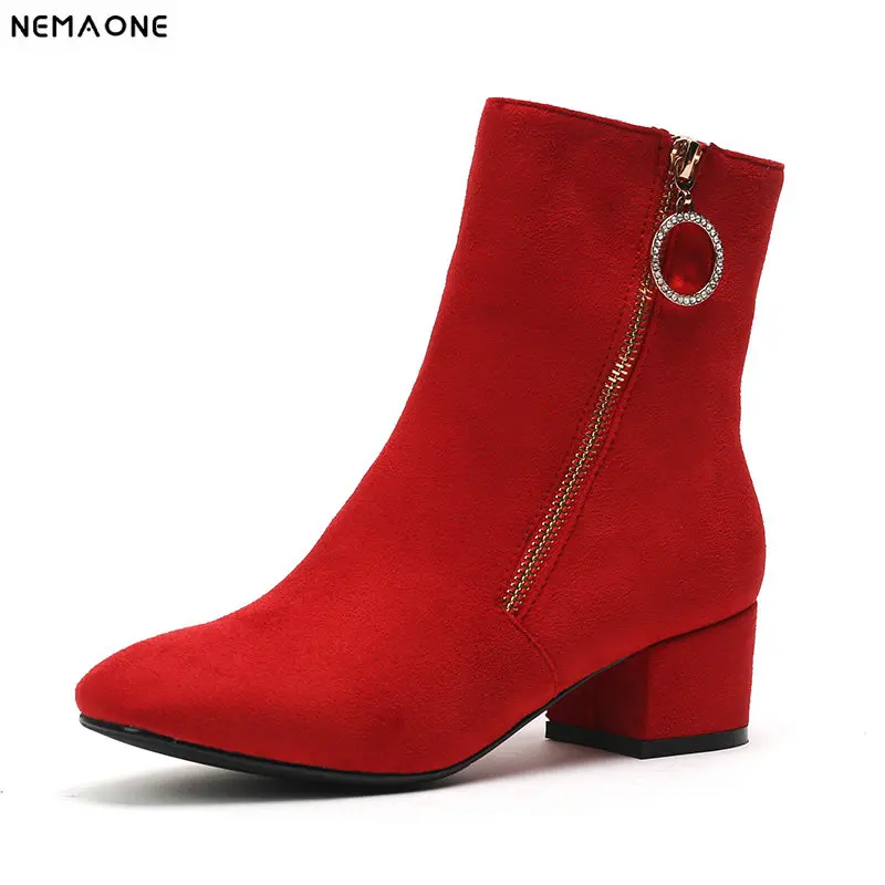 

NEMAONE 2019 med heels ladies wedding boots spring autumn women ankle boots red black fashion shoes woman large size 43