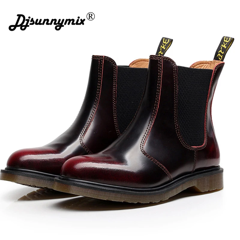 

2019 NEW unisex Mens Chelsea Boots Genuine Leather Elastic Band Round Toe Cow Leather Ankle Dress Wedding Boots Big size 35-45