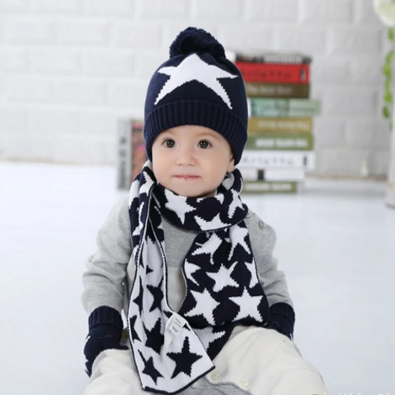 Комплект из 3 предметов, зимняя детская шапка с шарфом и перчатками, вязаные хлопковые шапки со звездами для маленьких мальчиков, теплые детские шапки