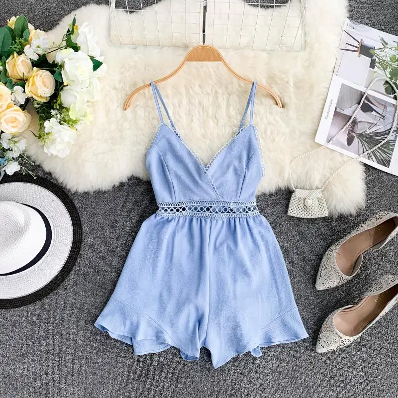 

Amolapha Women Solid V-neck Hollow Out High Waist Chiffon Playsuits Sexy Backless Bow Short Playsuits Rompers