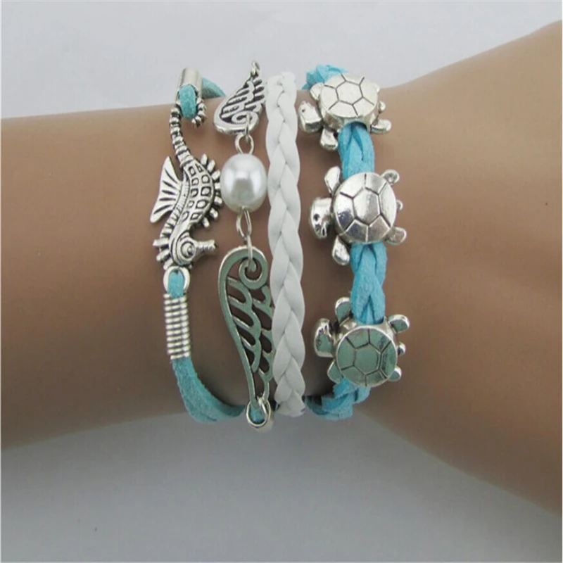 

Creative 1Piece New DIY Manual Hand-Woven Charm Silver Color Cute Turtle Seahorse Wings Bracelet Hot Sale