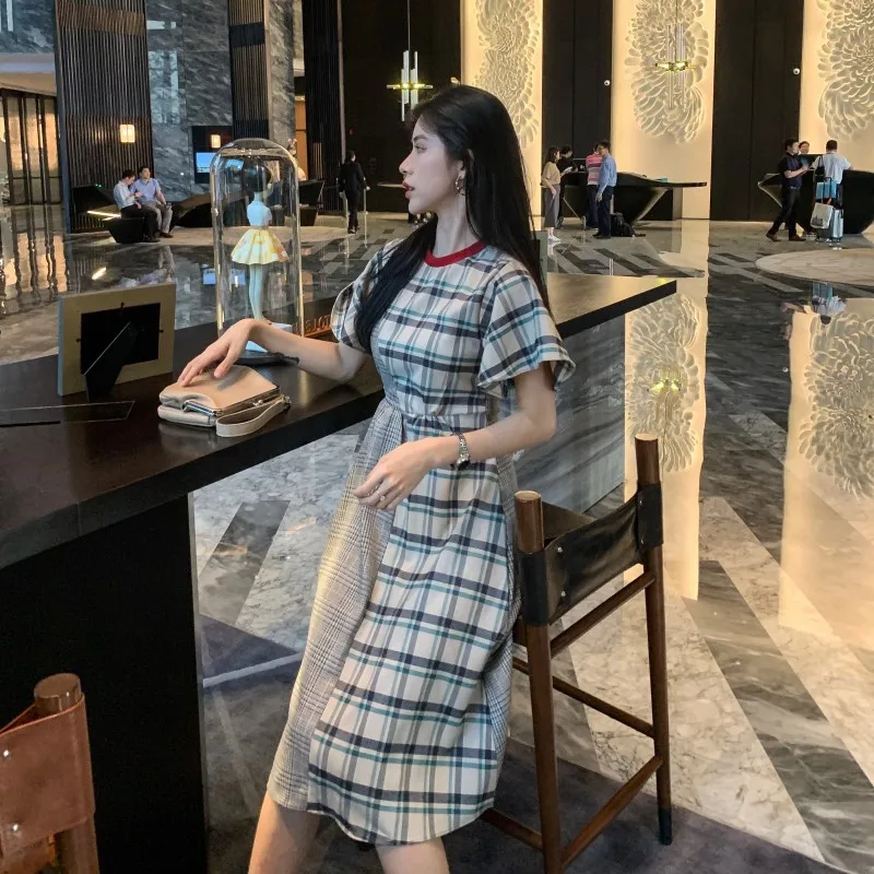 RUGOD женское лоскутное клетчатое винтажное платье с круглым вырезом, длинное платье трапециевидной формы, новое модное женское элегантное корейское платье ins