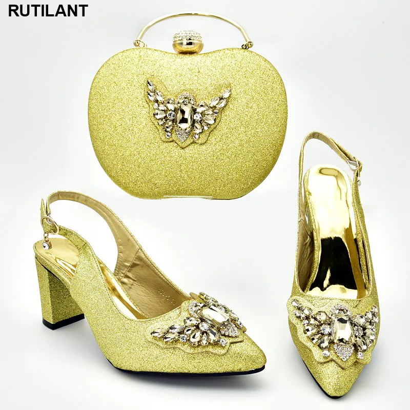 

Latest Gold Color Nigerian Shoes and Matching Bags Italian Ladies Shoes and Bags To Match Set African Wedding Shoes and Bag Sets