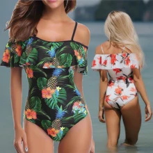 

2019 Womens One Piece Swimsuit Fused Leaf Print Ruffle Swimwear Bathing Suits Female Off the Shoulder Maillot Bodysuit One-Piece