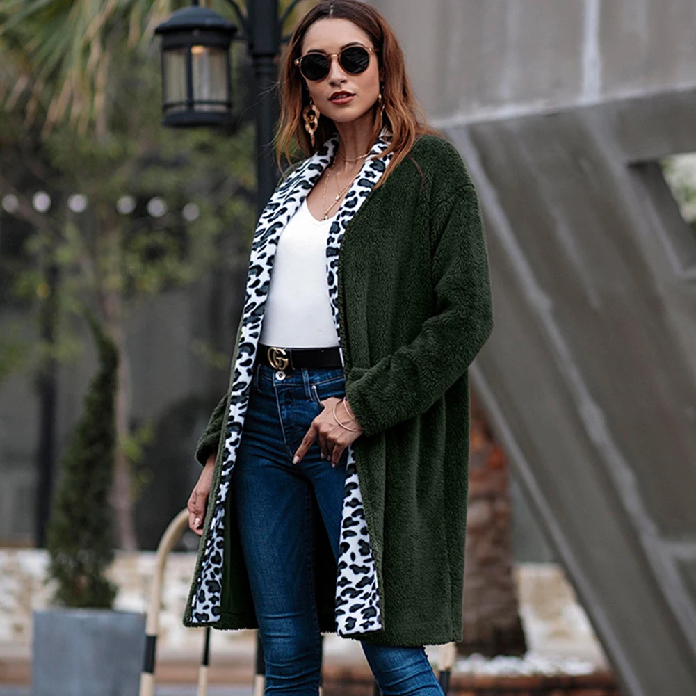 

Long Coat Women Autumn Winter 2019 New Loose Velvet Lapel Overcoat Leopard Warm Outerwear Female Causal Women Autumn Winter Coat