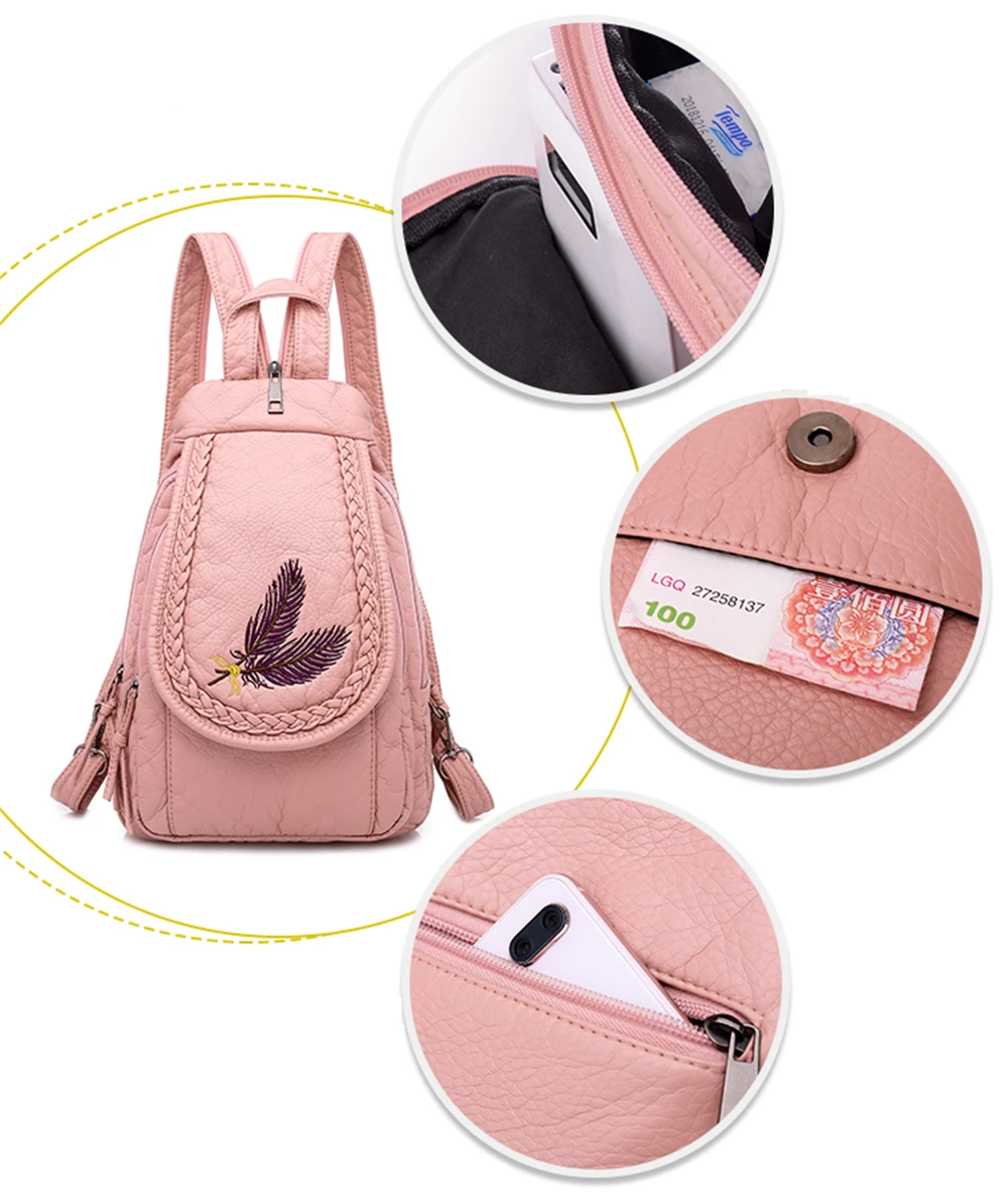 Модный женский маленький рюкзак с вышивкой, высококачественный мягкий кожаный рюкзак для девочек, рюкзак Multifunc, рюкзак Mochilas Mujer