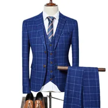 Модный мужской повседневный бутик деловой костюм с двойной пряжкой/мужской Клетчатый Тонкий Блейзер Куртка пальто брюки жилет