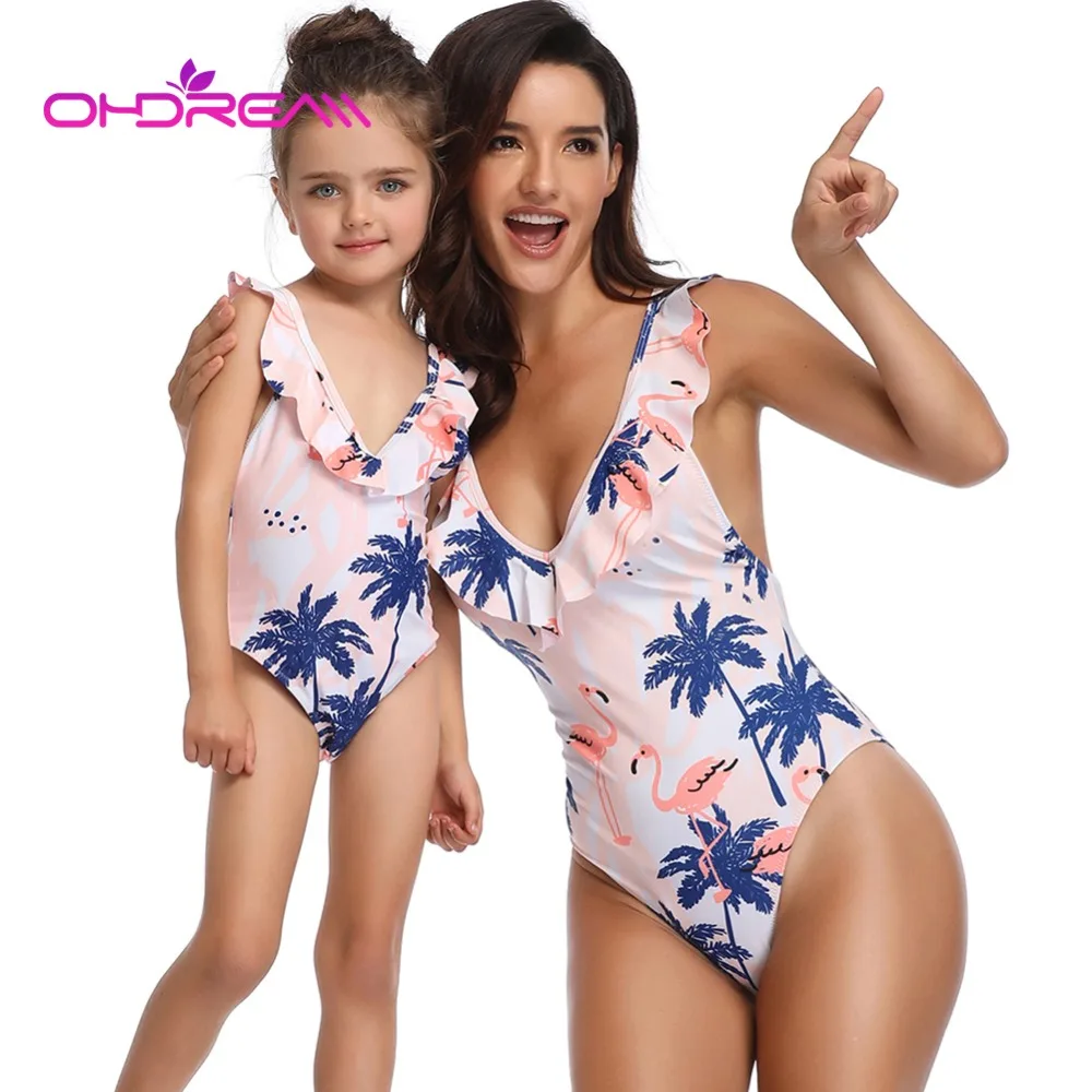 

OHDREAM Mother and Daughter Swimwear Flamingo Pattern One Piece Mommy and Me Swimsuit V Neck Family Matching Clothes Beachwear