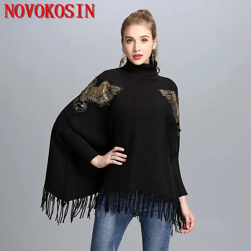SC161 2018 Autumn Winter Long Knitted Women Eagle Appliqued Sweater Fashion Long Batwing Sleeves High Neck Stole Tassel Poncho