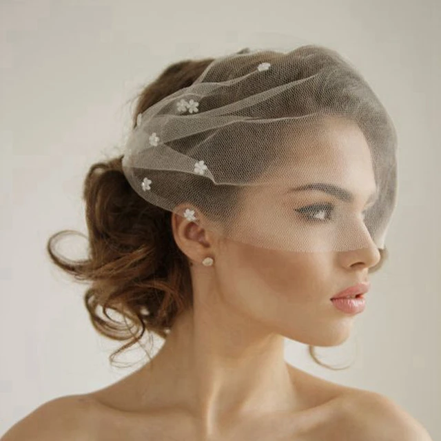 Silk Tulle Bandeau Birdcage Wedding Veil With Flowers Headband Silk Tulle Bandeau Birdcage Wedding Veil With Flowers Headband Short Bridal Veils White Ivory