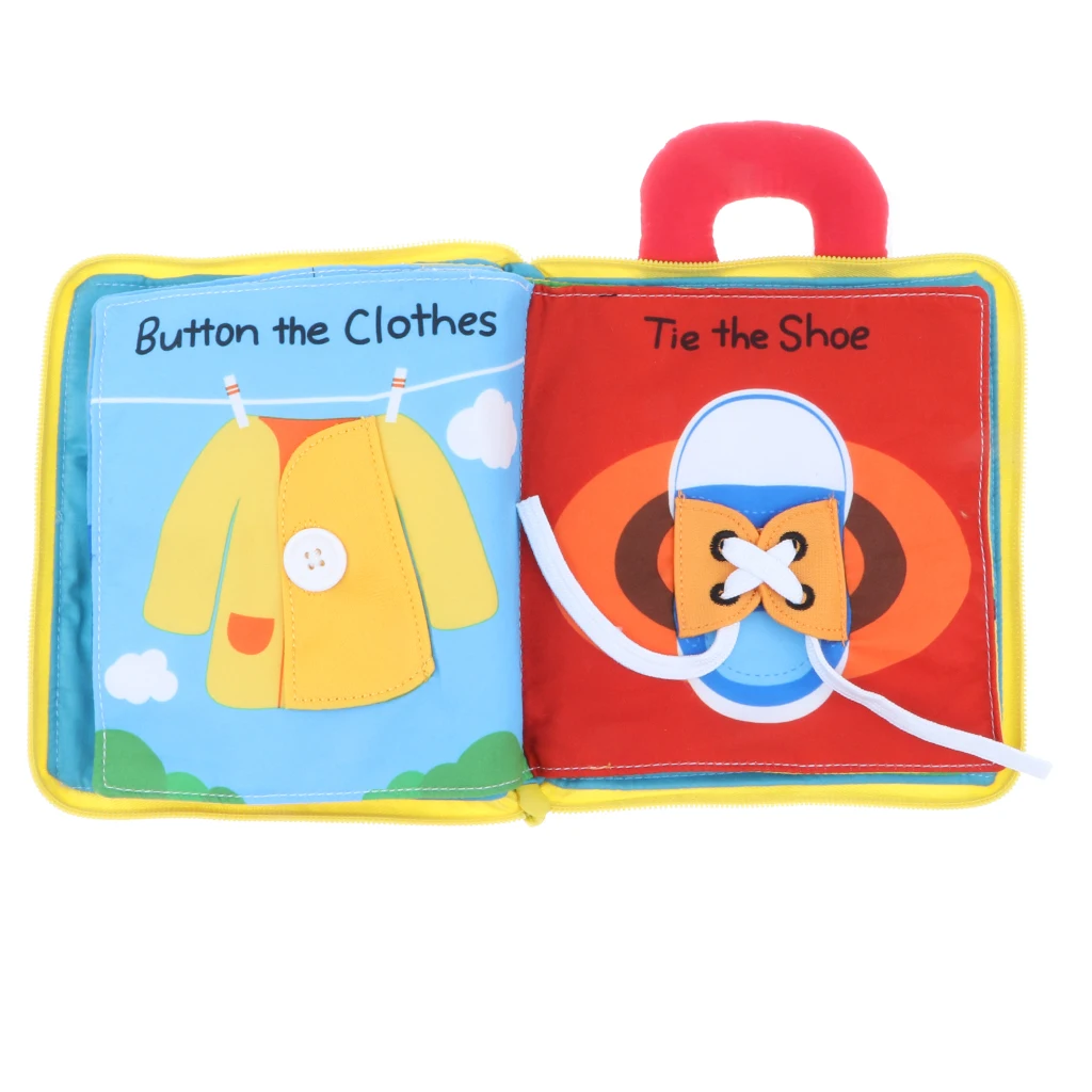 Knopf Baby Life Skill lernen 3D Tuch Buch Montessori Toy Zip Snap Kleid