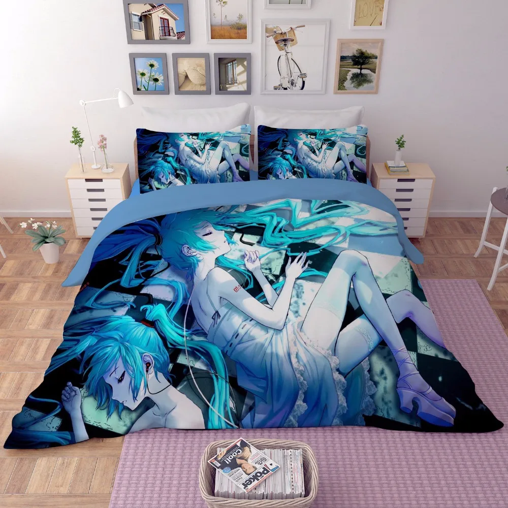

2018 new 3/4Pcs 3D Anime Hatsune Miku printed Bedding Set Pillowcase Bed flat Sheet linen Duvet Cover kid girl bedroom textiles