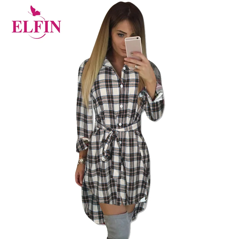 

Autumn Women T Shirt Plaid Casual Button Irregular Hem Long Sleeve Top Bandage Turn Down Collar Plus Size Women Clothing LJ5932R