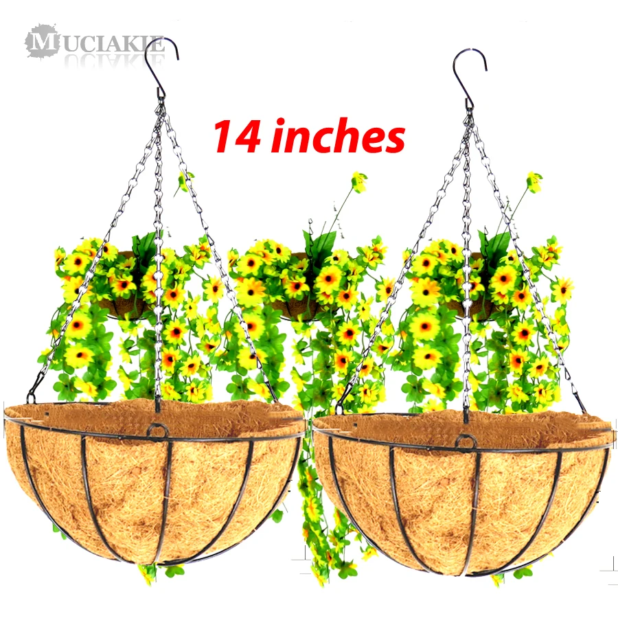 

MUCIAKIE 3PCS 14'' Hanging Baskets Made of Iron Wire with Coconut Liners Black Chain Hooks for Hanging Bonsai Pot Flowers Plants