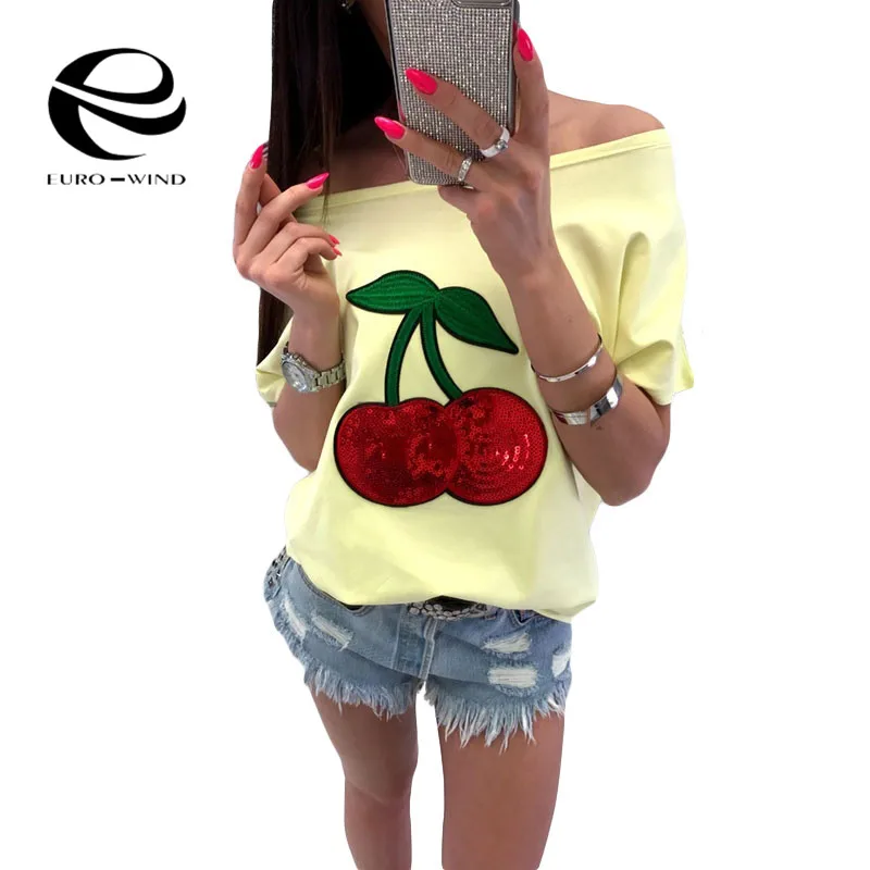 زائد حجم 5XL 2019 الصيف قمم النساء تي شيرت عارضة تي شيرت نسائي بأكمام قصيرة مطرزة الكرز طباعة قبالة الكتف تي شيرت الإناث قميص
