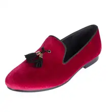 Harpelunde мужские бархатные лоферы с красного цвета обувь на плоской подошве с бахромой; повседневная обувь Размер 6-14