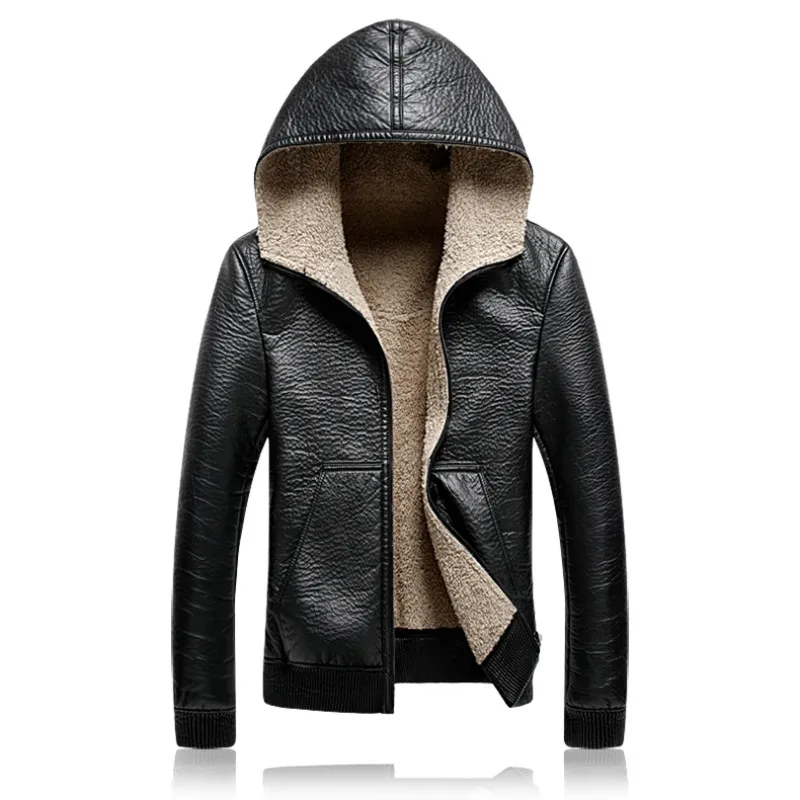 

Winter Mens Hooded Leather Jackets Men Business Casual Plus Thick Warm Windproof Fleece PU Leather Motorcycle Suede Jacket 5XL