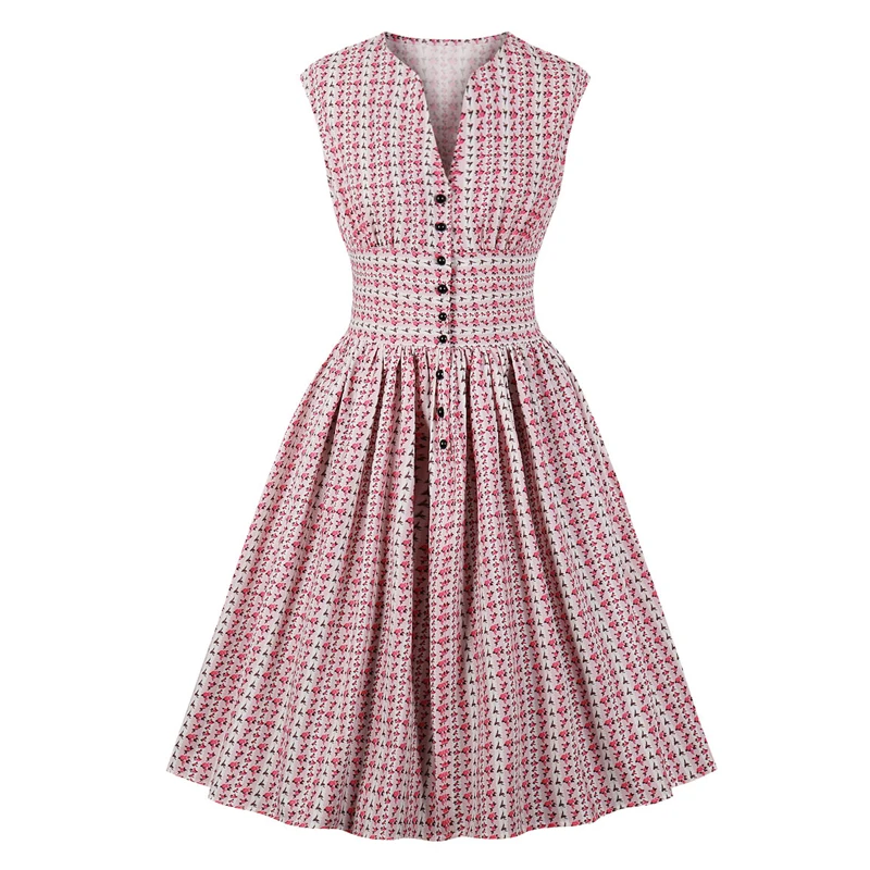

iSurvivor 2019 Women Summer Vintage Dress Floral Print V Neck Sleeveless Pin Up Vestidos Party Rockabilly Retro Dress Women