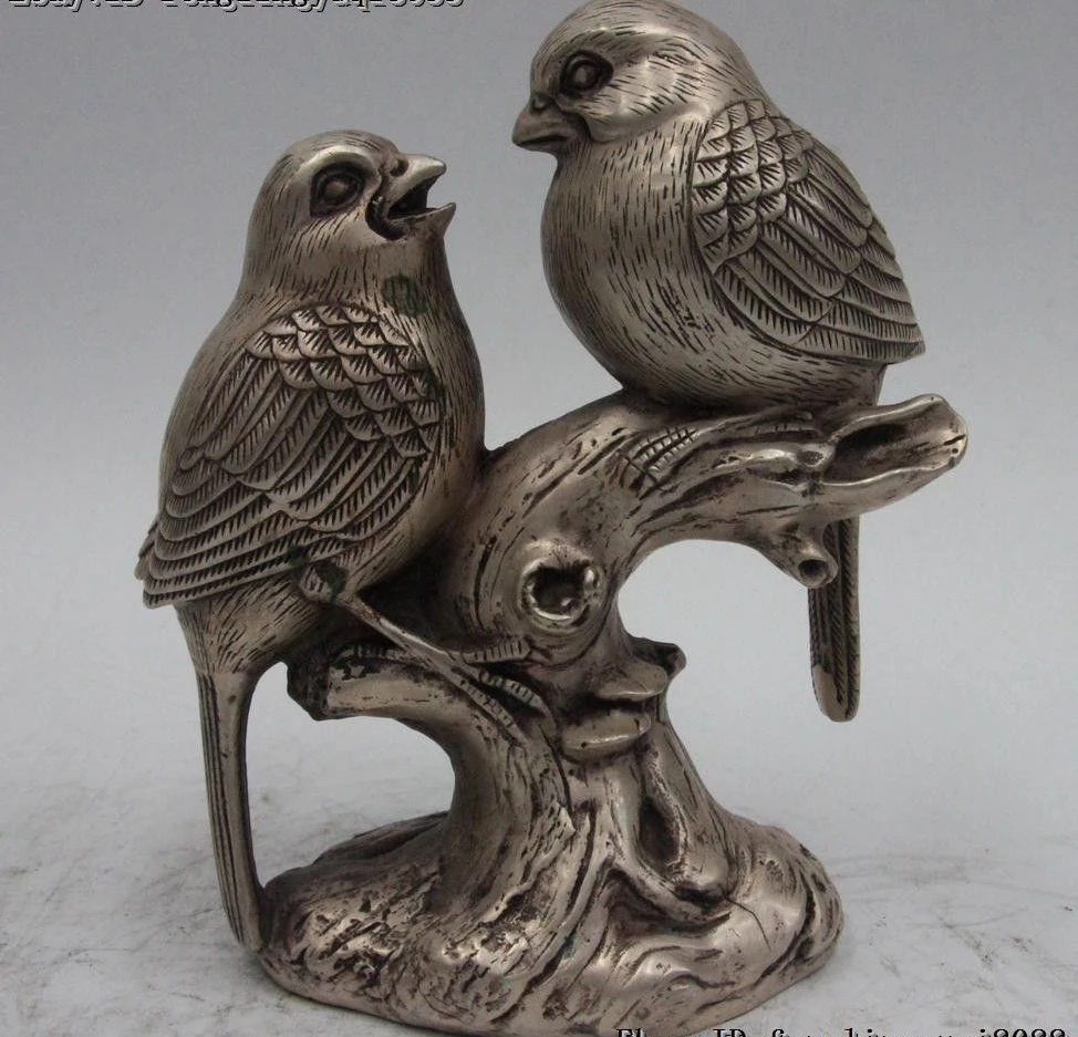 

Chinese Folk White Bronze Silver lucky Two Magpie Bird Stand Tree Branch Statue