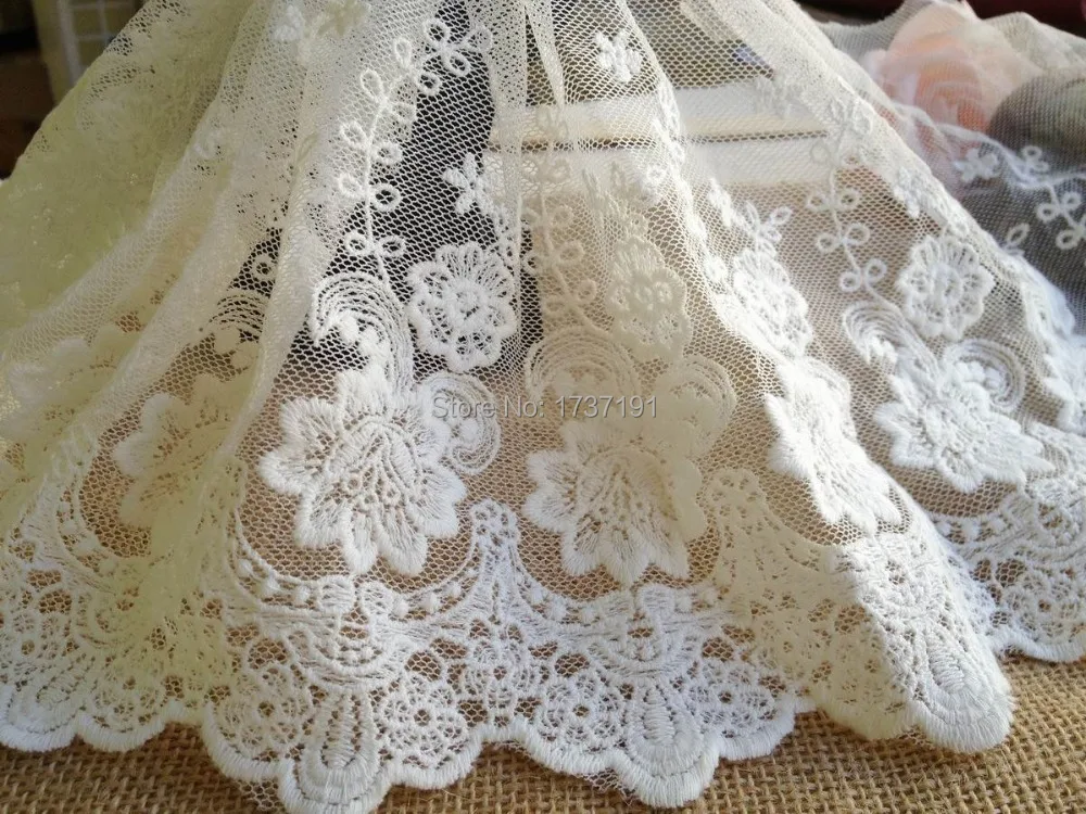 5 Yards Cotton Lace Trim, White Embroidered Lace Fabric, Vintage Rose