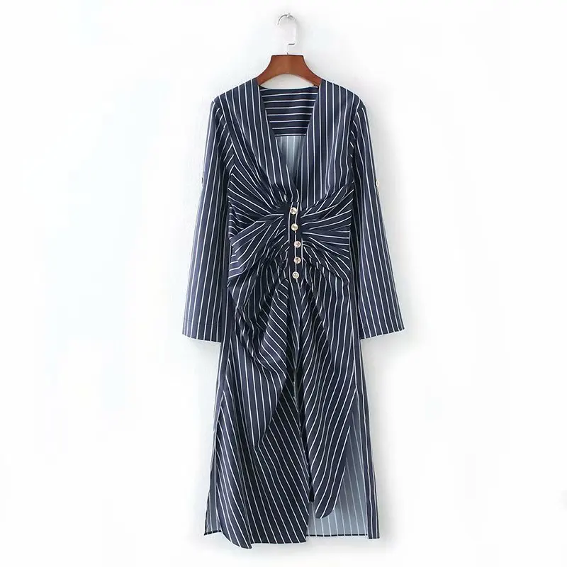 

2018 women vintage v neck long sleeve pleated buttons striped midi dress female retro vestidos chic casual party dresses DS1186