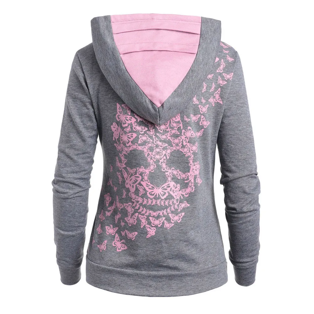 Winter New Fashion Butterflies Skull Print Hoodie Kangaroo Pocket Hooded Sweatshirtwomen Hoodies Sweatshirts outwear - Цвет: Gray