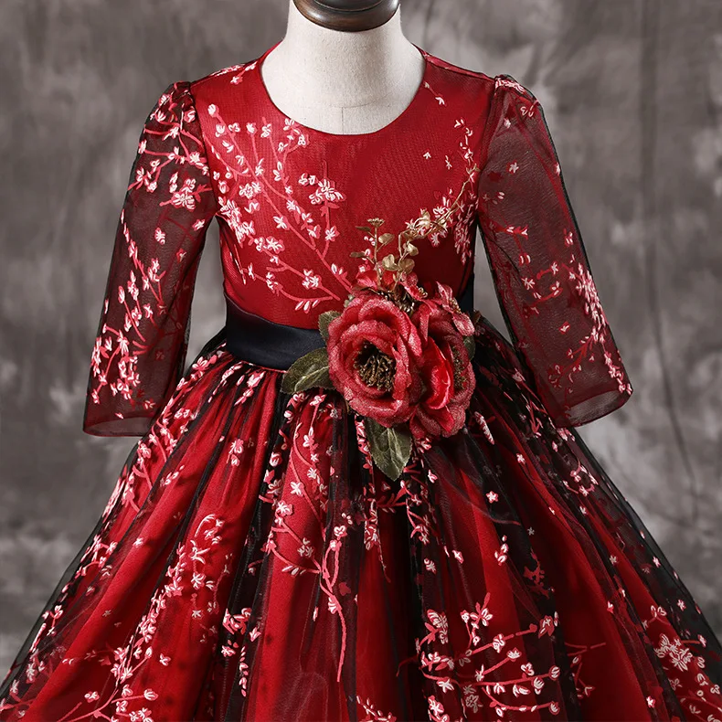 Платье с цветочным узором для девочек; Одежда для девочек; Цвет сливовый, Бордовый; свадебное платье со шлейфом; детское праздничное платье; платье принцессы для маленьких девочек