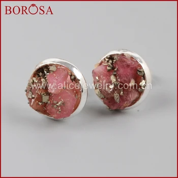 

BOROSA Silver Electroplated Round Natural Red Tourmaline & Pyrite Druzy Stud Earrings Drusy Stud Earring for Women S1247