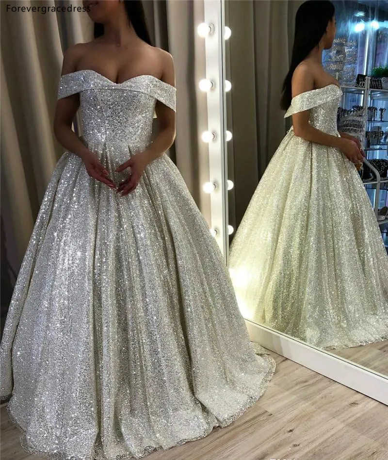 Stunning Glitz Silver Sequined Wedding Dresses A Line Off Shoulder Dubai Arabic Elegant Party Celebrity Gowns  208 (3)