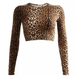 Популярные Модные осень с длинным рукавом Узкие повседневные пикантные Для женщин шеи экипажа Slim леопардовым принтом Блузка Топ короткая