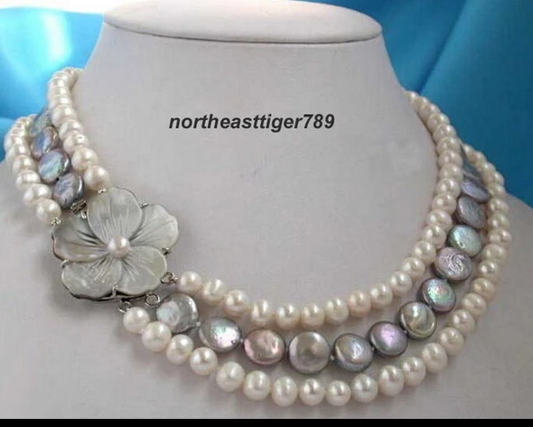 

Hot sale Free Shipping>>>3 Rows Real White Pearl Gray Button Coin Pearl Shell Flower Clasp Necklace