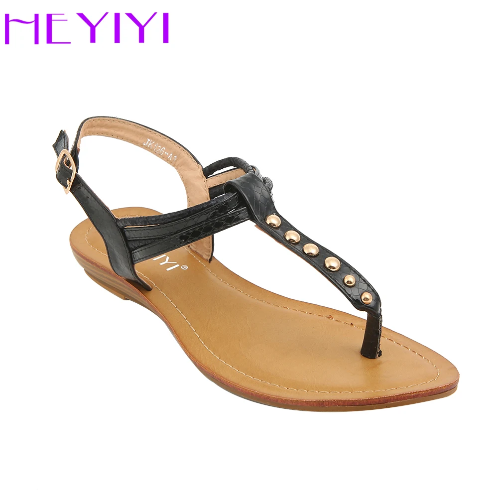 

Flat Sandals Women Shoes Flip Flops Rivets Snake Print Beach Thong Large Size Adjustable Strap Casual Narrow Band Comfort Shoes