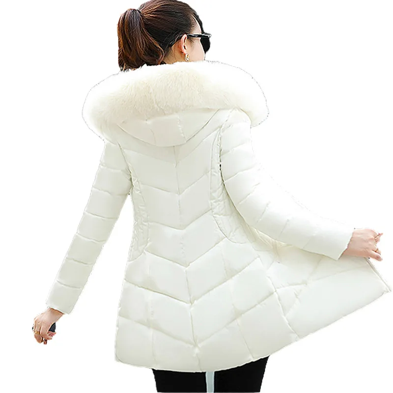 Koop N. XINZHE Vrouwen Winter Jacket Hooded Warme Jas Slanke Bontkraag Katoen Gewatteerde Basic Jas Vrouwelijke Medium lange Jaqueta Feminina