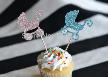 

cheap Baby Carriage Glitter Cupcake Toppers : Baby Shower/Gender Reveal party Toothpicks - Food Picks wedding bridal shower